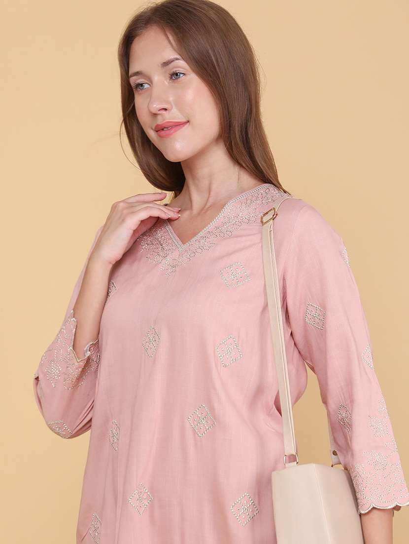 women embroidered three quarter sleeves straight kurta - 22381845 -  Standard Image - 4