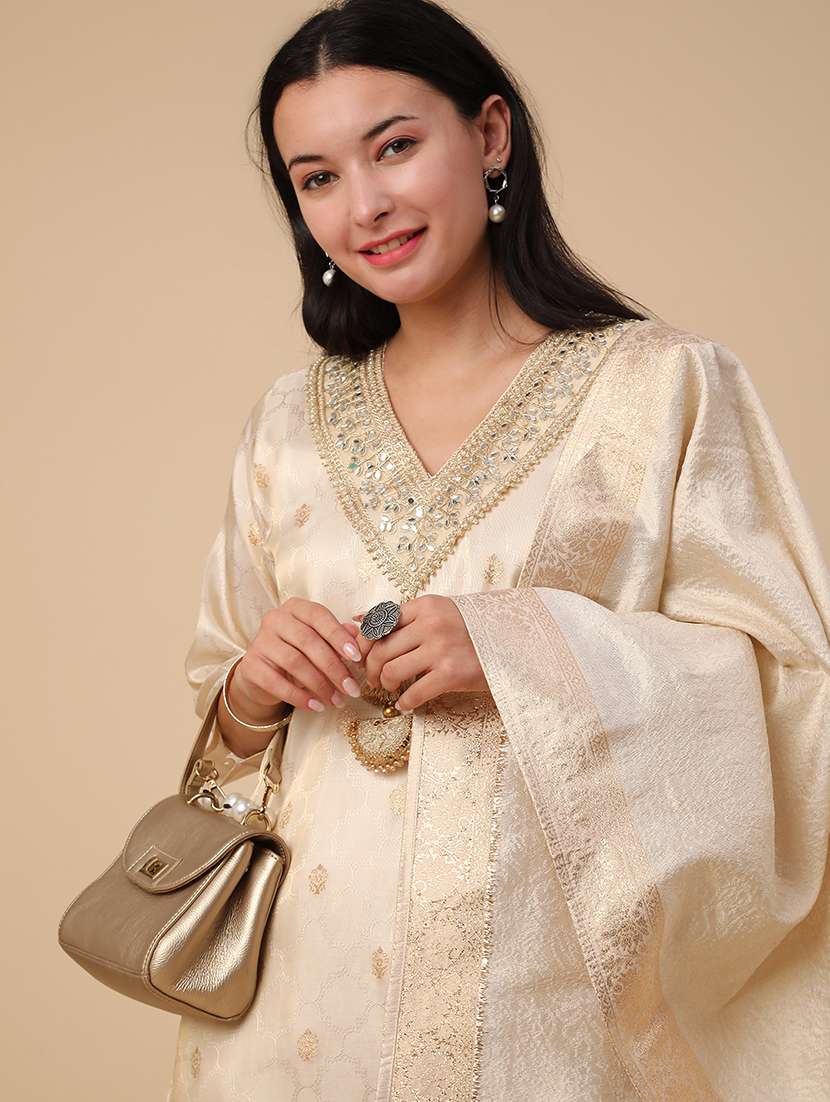beige jacquard kurta pant  set - 22382143 -  Standard Image - 4