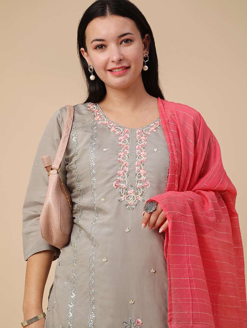 Grey Cotton Kurta Dupatta Set - 22382144 -  Standard Image - 4