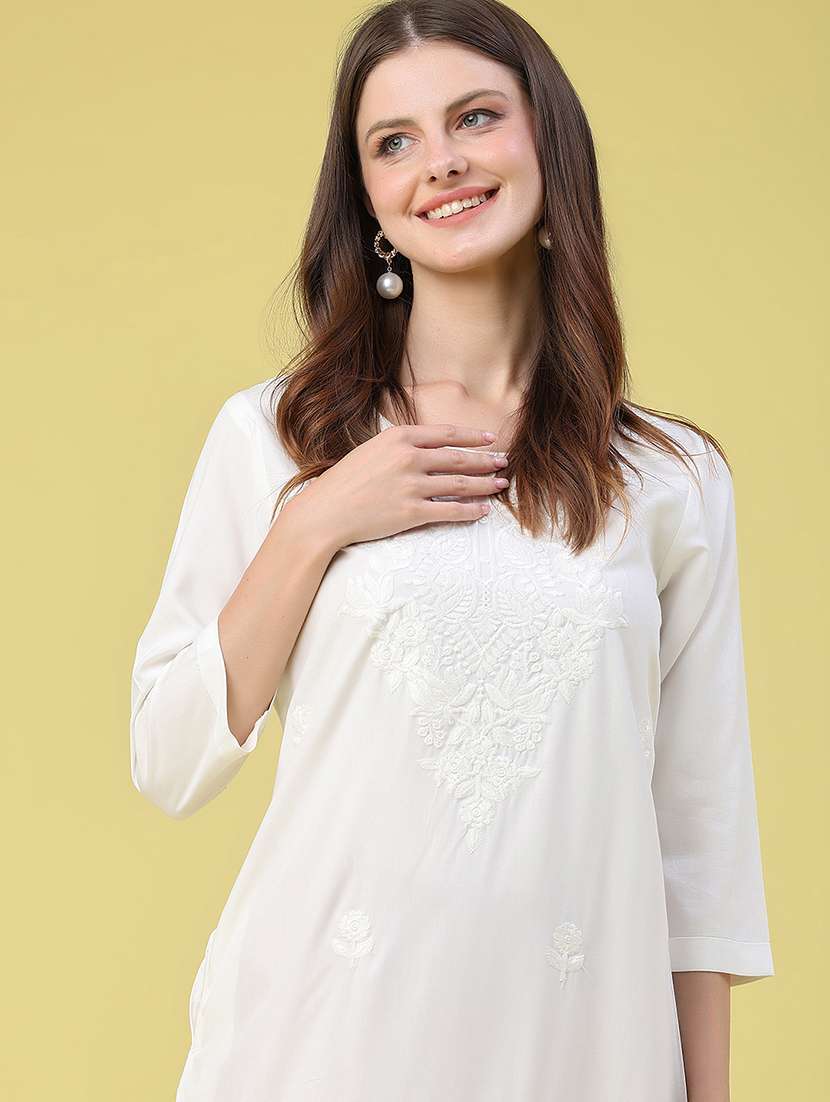 women embroidered three quarter sleeves straight kurta - 22382196 -  Standard Image - 1
