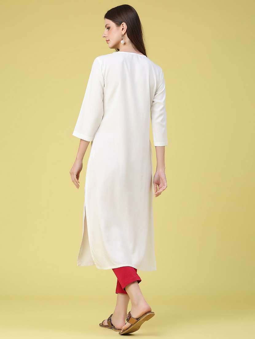 women embroidered three quarter sleeves straight kurta - 22382196 -  Standard Image - 4
