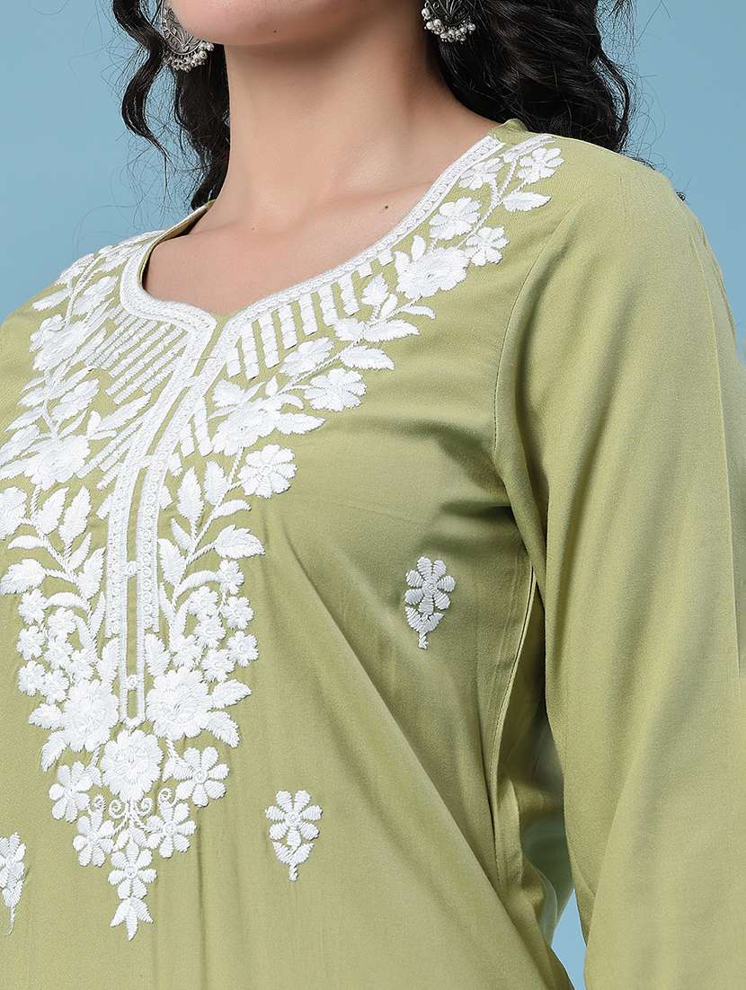 women embroidered three quarter sleeves straight kurta - 22382197 -  Standard Image - 1