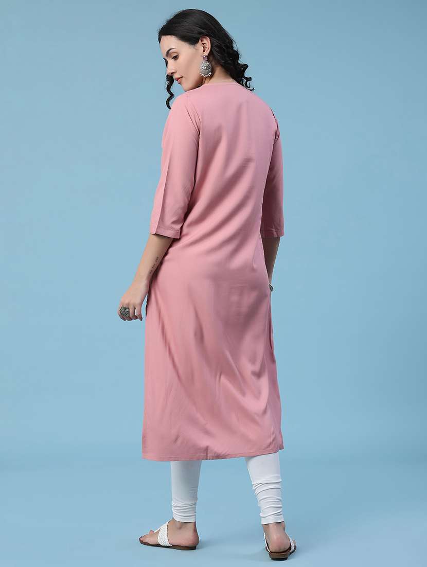 women embroidered three quarter sleeves straight kurta - 22382198 -  Standard Image - 4