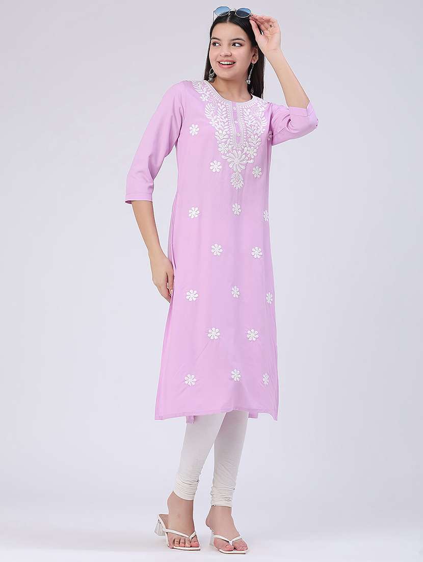 women embroidered three quarter sleeves straight kurta