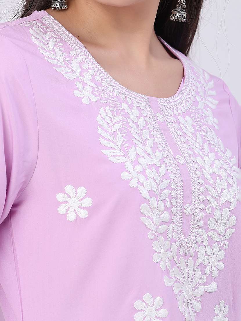 women embroidered three quarter sleeves straight kurta - 22382199 -  Standard Image - 1