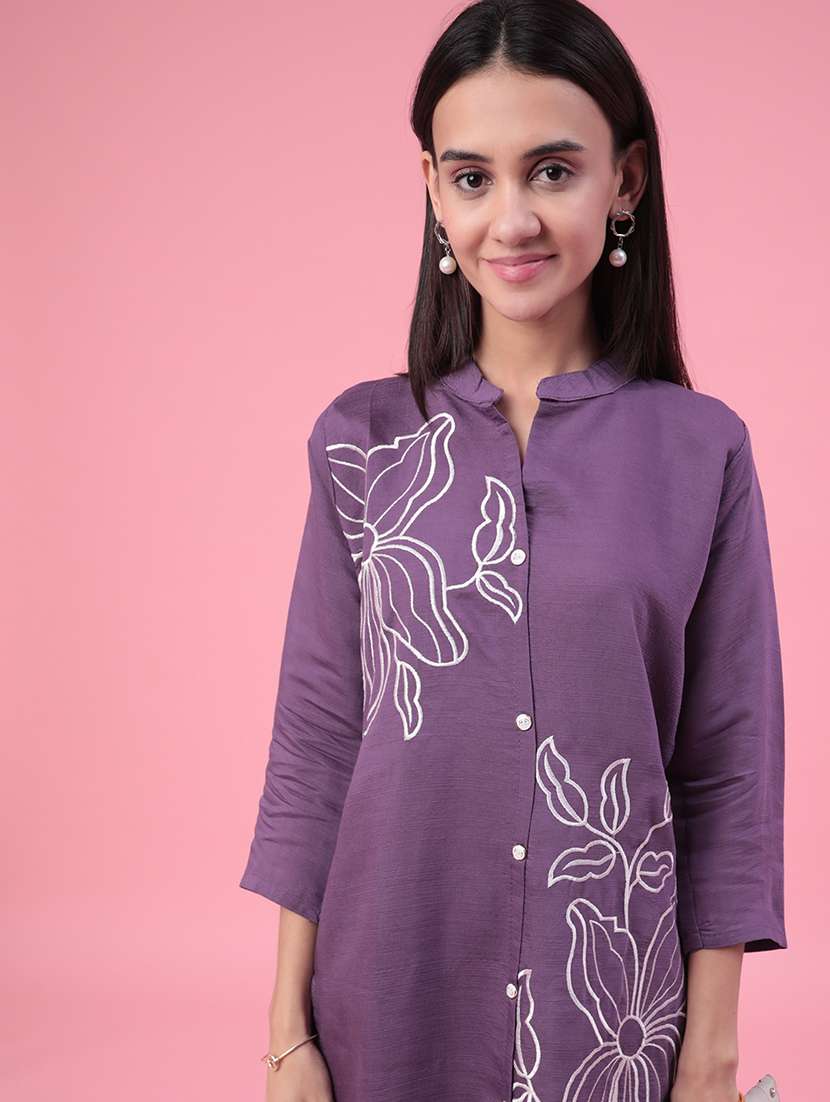 Women Solid With Work Three Quarter Sleeve Ethnic Co-ord Set - 22382295 -  Standard Image - 4