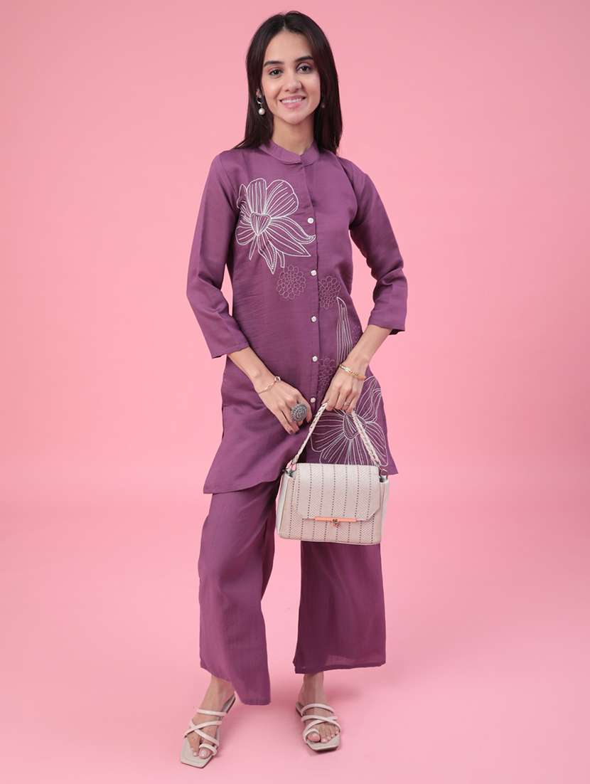women solid with work three quarter sleeve ethnic co-ord set