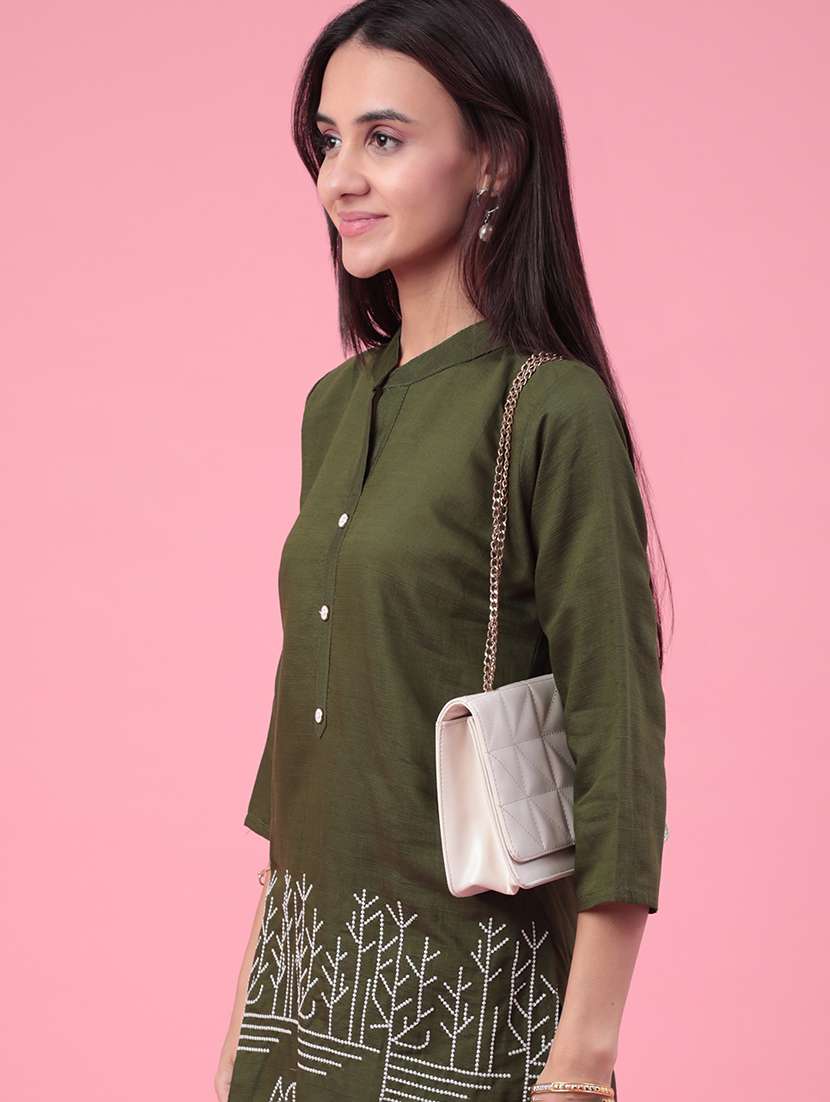 women solid with work three quarter sleeve ethnic co-ord set - 22382300 -  Standard Image - 4