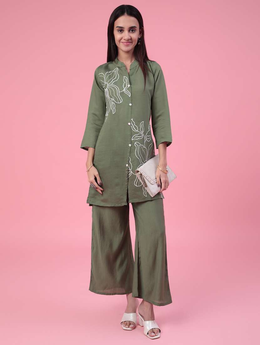 women solid with work three quarter sleeve ethnic co-ord set
