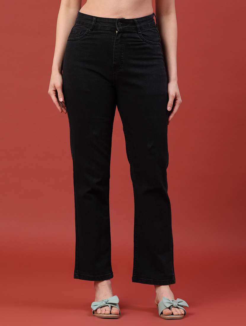 women solid mid rise straight fit jeans