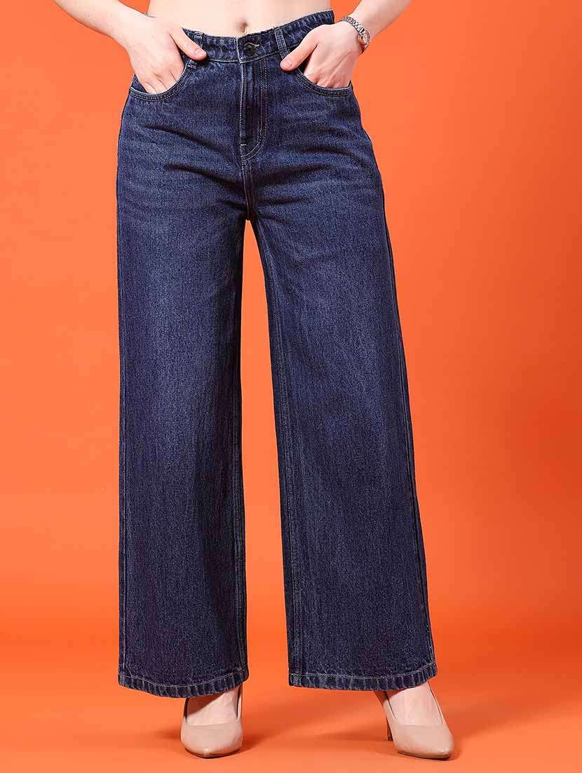 women plain mid rise wide leg jeans