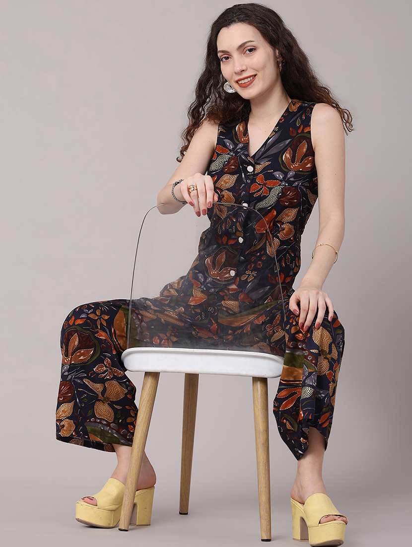 women printed sleeveless top and trouser co-ord set