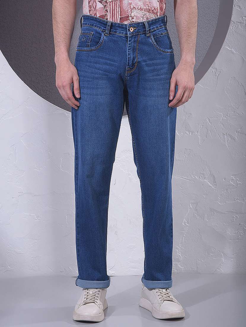men washed mid rise full length jeans