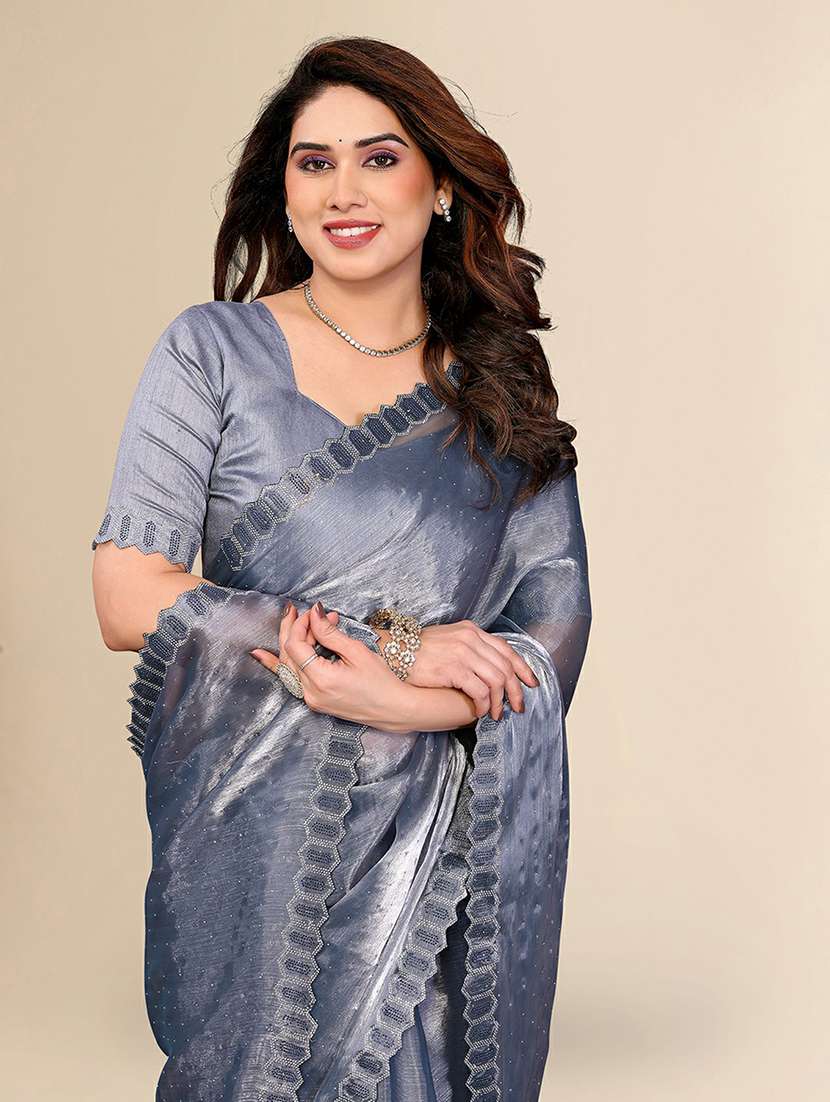 women solid with work embellished saree with blouse - 22384249 -  Standard Image - 1