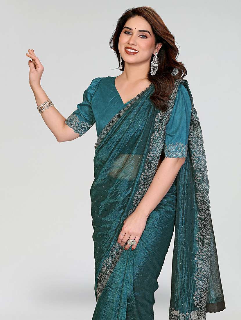 women solid with work embellished saree with blouse - 22384602 -  Standard Image - 1