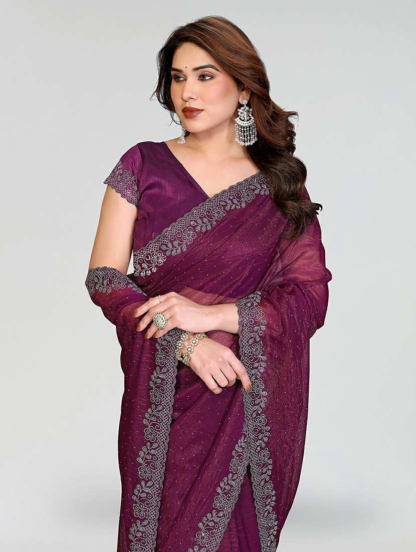women solid with work embellished saree with blouse - 22384603 -  Standard Image - 1