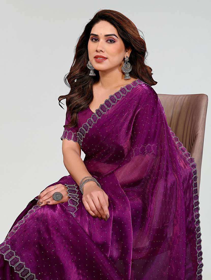 women solid with work embellished saree with blouse - 22384615 -  Standard Image - 1