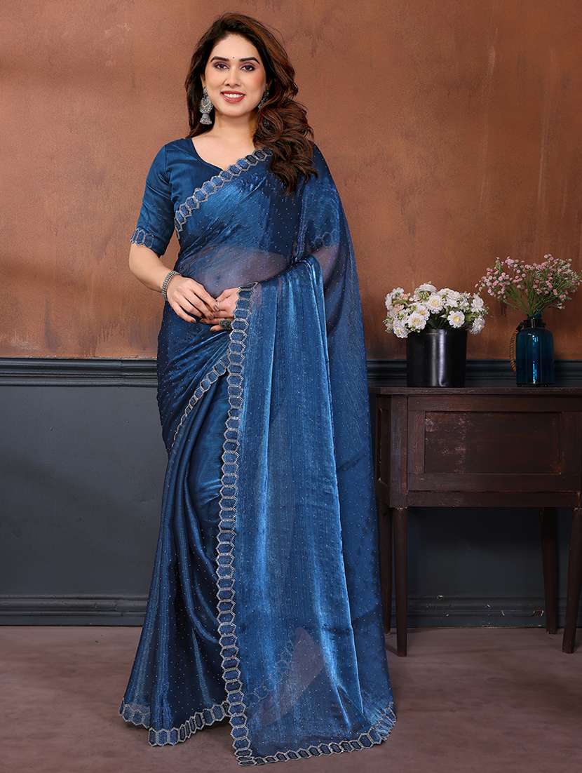 women solid with work embellished saree with blouse