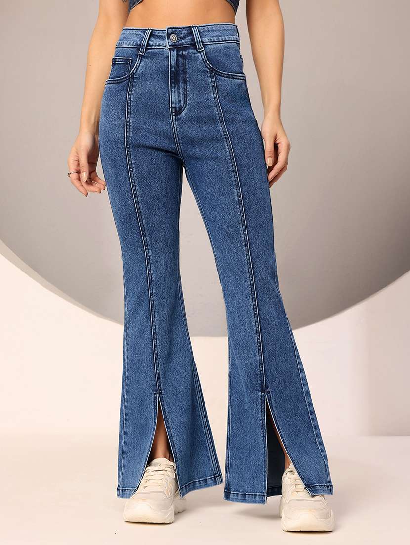 women solid high rise bootcut jeans