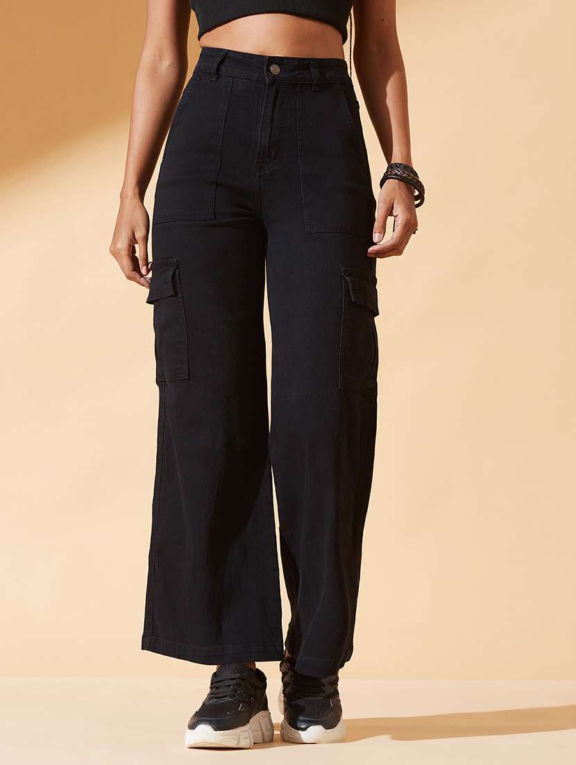 women solid high rise wide leg jeans