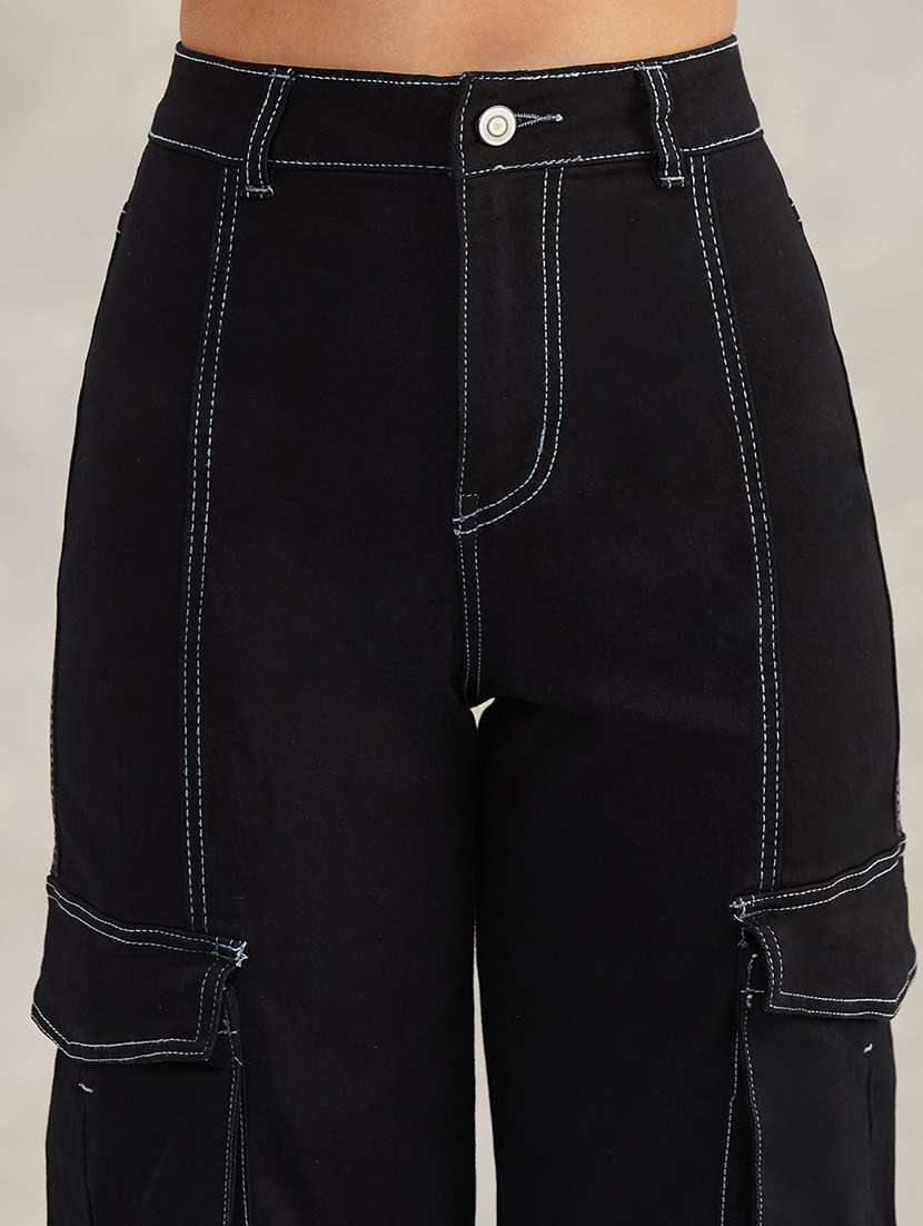 women solid high rise denim cargo - 22385181 -  Standard Image - 1