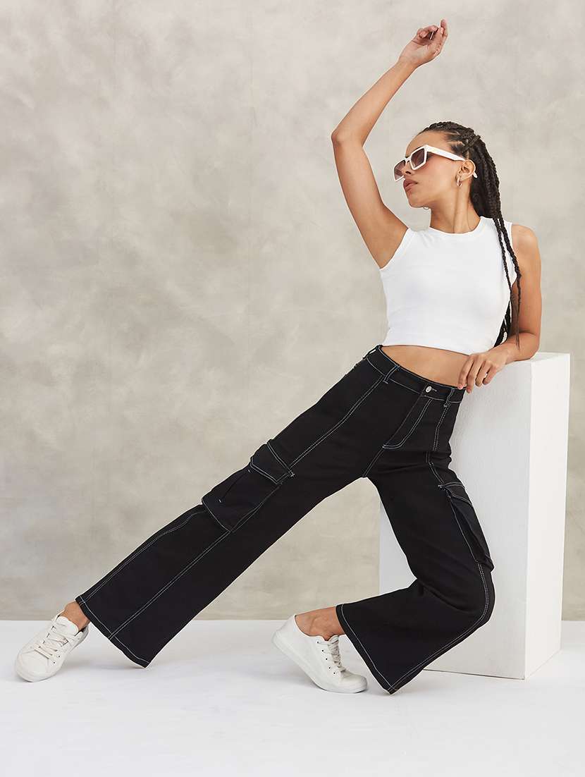 women solid high rise denim cargo - 22385181 -  Standard Image - 4