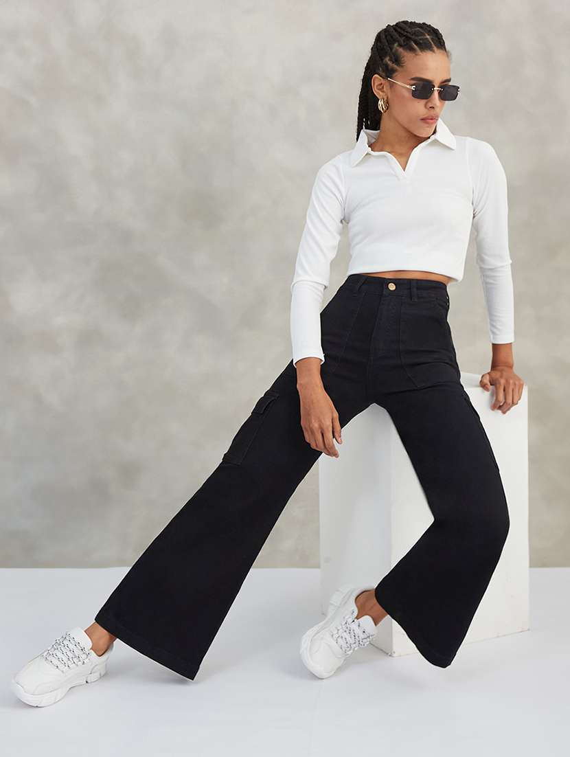 women solid high rise denim cargo - 22385195 -  Standard Image - 4