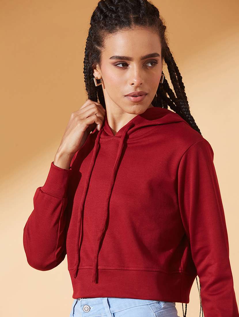 women solid long sleeve hooded crop sweatshirt - 22385241 -  Standard Image - 1