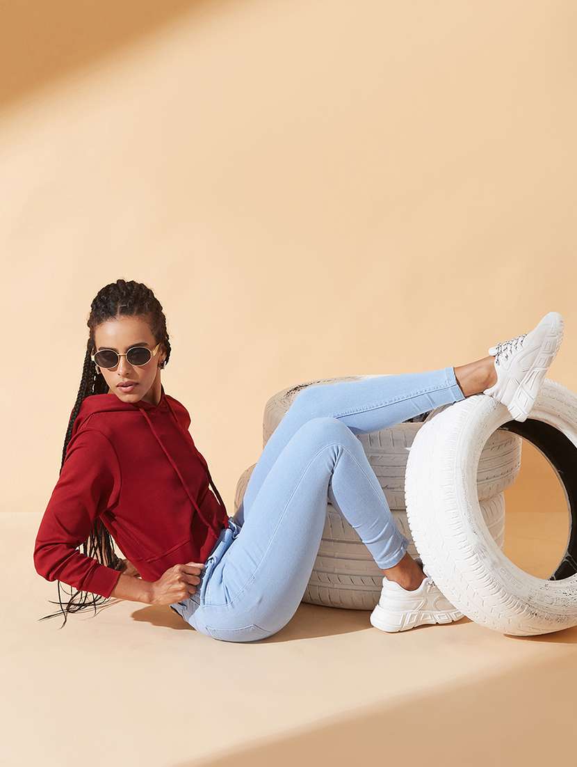 women solid long sleeve hooded crop sweatshirt - 22385241 -  Standard Image - 4