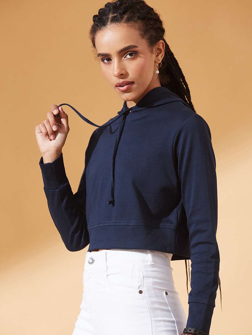 women solid long sleeve hooded crop sweatshirt - 22385242 -  Standard Image - 1