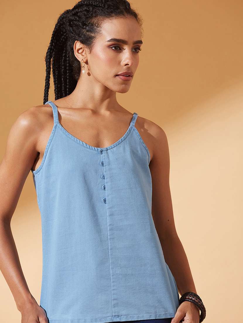 women solid shoulder strap denim a-line top