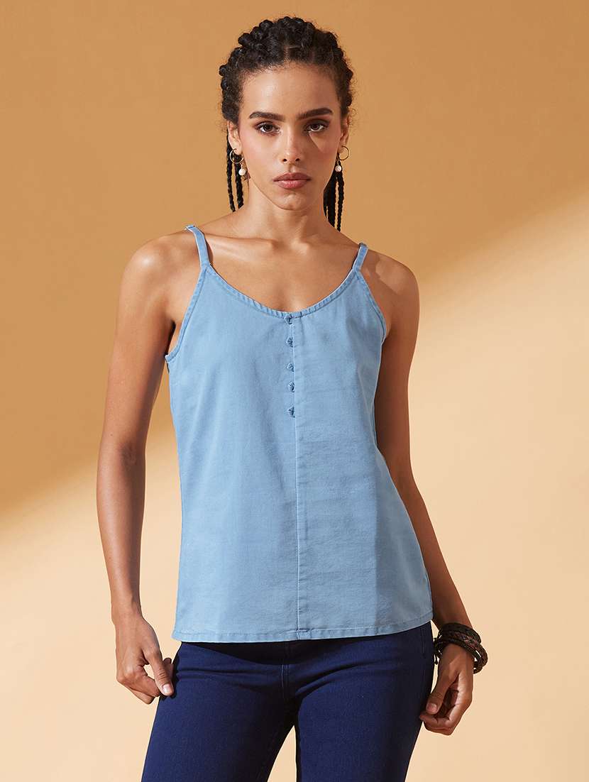 women solid shoulder strap denim a-line top - 22385243 -  Standard Image - 1