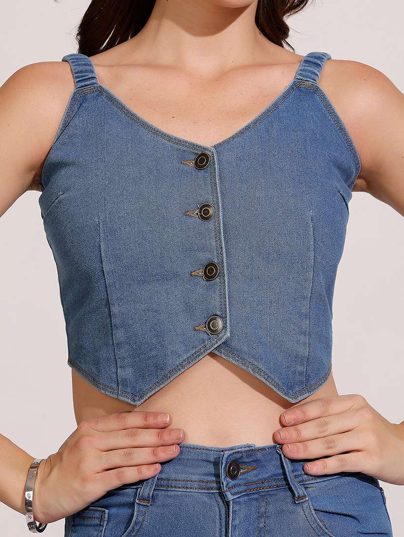 women solid sleeveless denim vest top - 22385245 -  Standard Image - 1