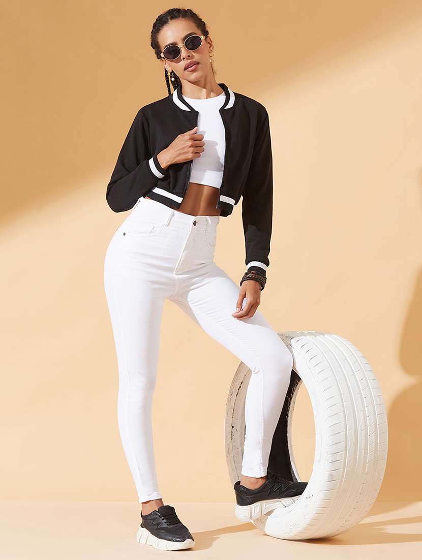 women solid long sleeve cropped bomber jacket - 22385247 -  Standard Image - 4