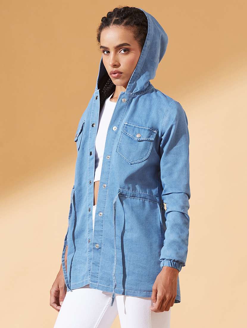 women solid long sleeve hooded denim jacket - 22385248 -  Standard Image - 1