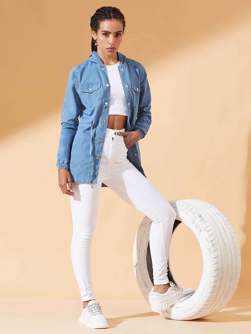 women solid long sleeve hooded denim jacket - 22385248 -  Standard Image - 4