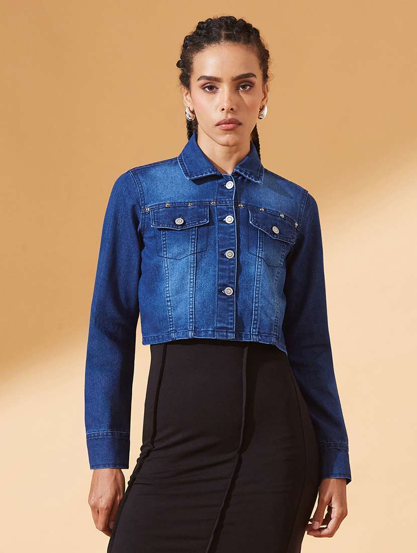 women solid long sleeve crop denim jacket - 22385249 -  Standard Image - 1