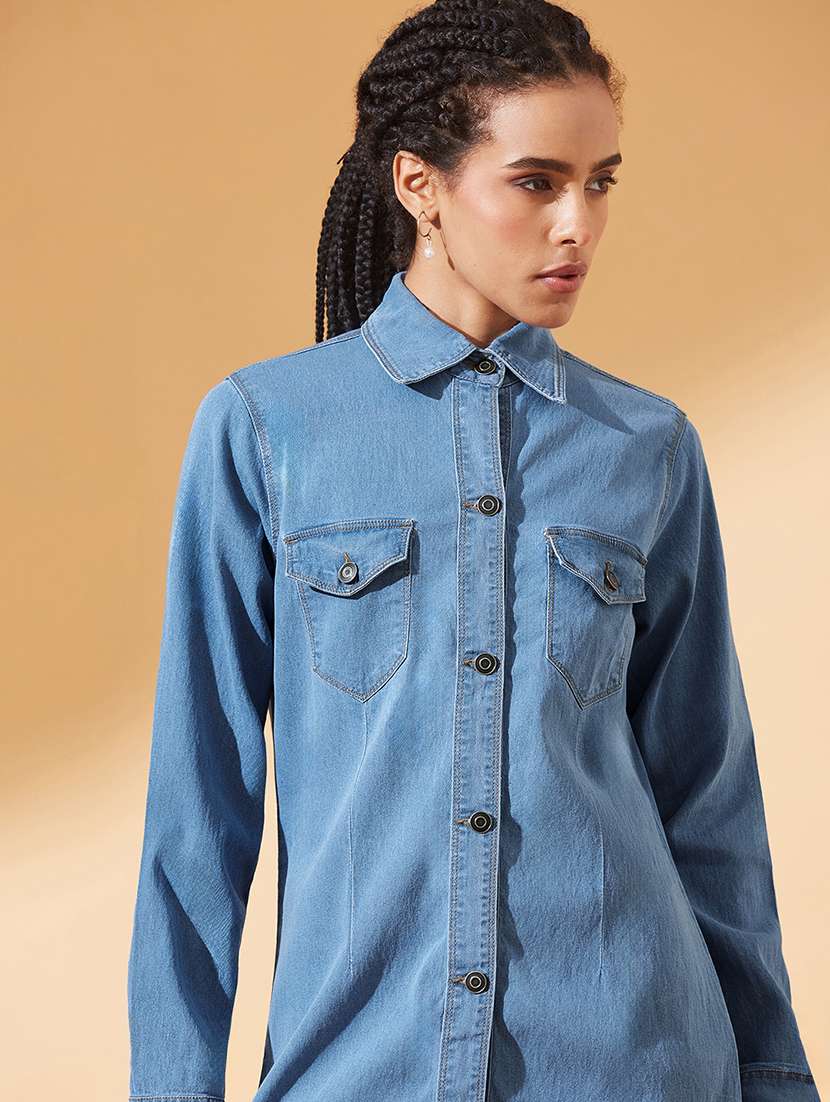 women solid collared long sleeve long denim jacket - 22385250 -  Standard Image - 1