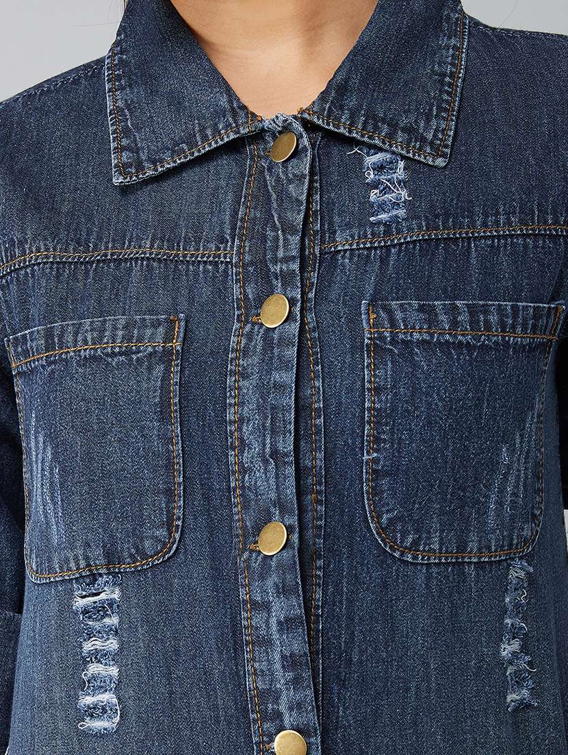 women distressed roll-up sleeve long denim jacket - 22385253 -  Standard Image - 1