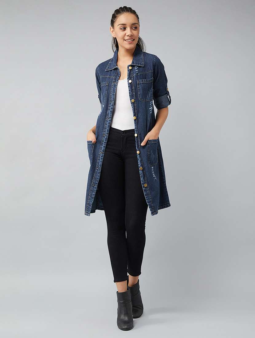 women distressed roll-up sleeve long denim jacket - 22385253 -  Standard Image - 4