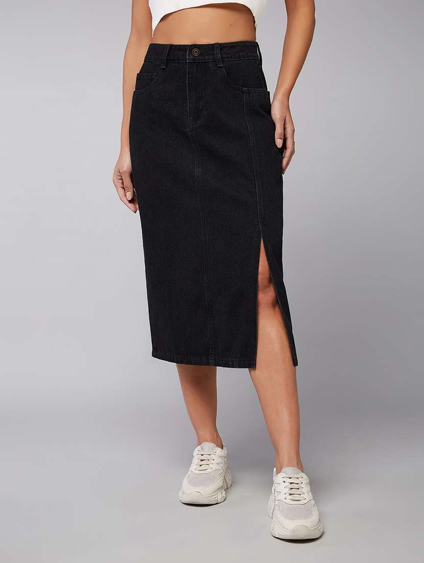 women solid high rise denim straight skirt