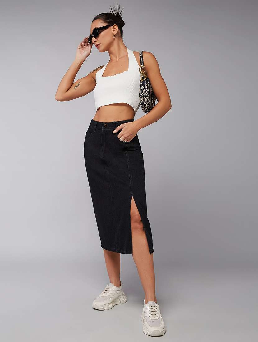 women solid high rise denim straight skirt - 22385254 -  Standard Image - 4