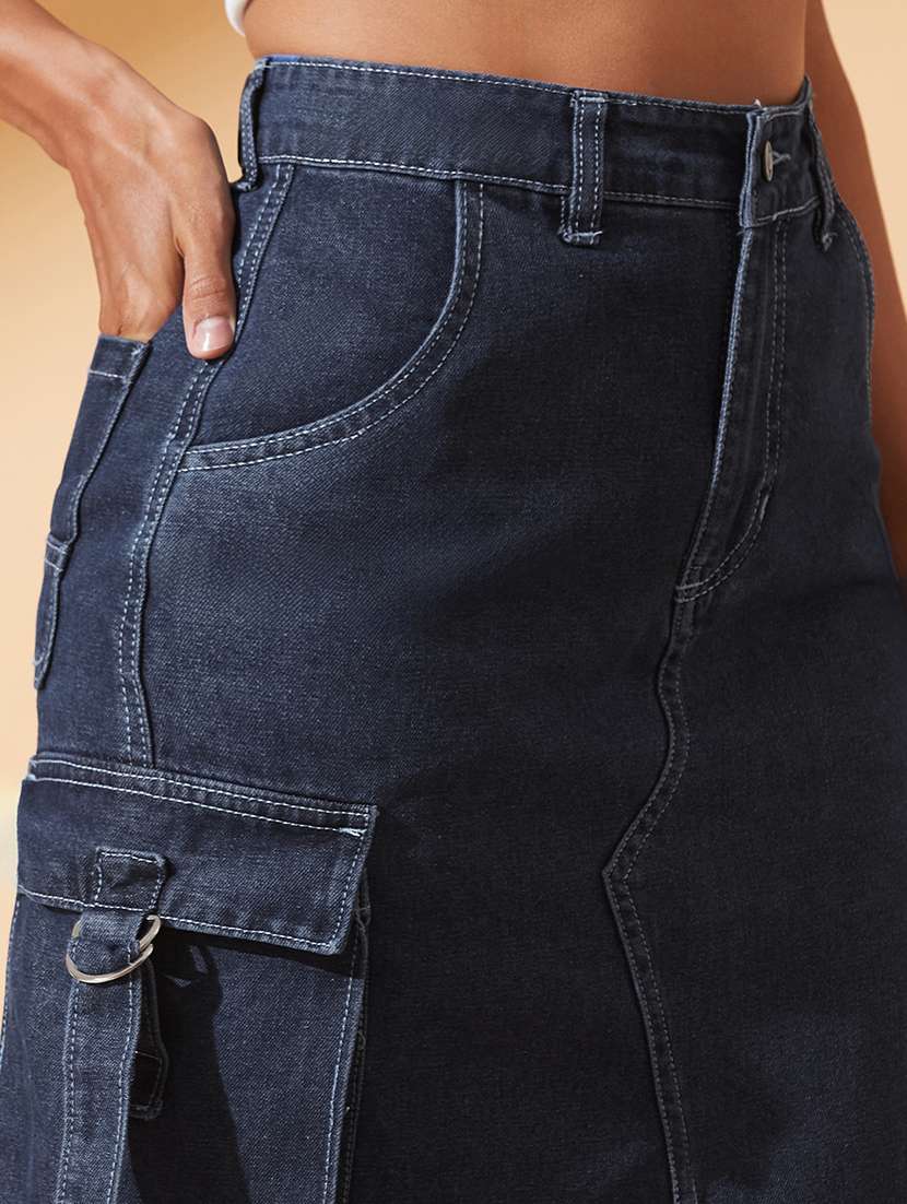 women solid high rise denim cargo skirt - 22385256 -  Standard Image - 1