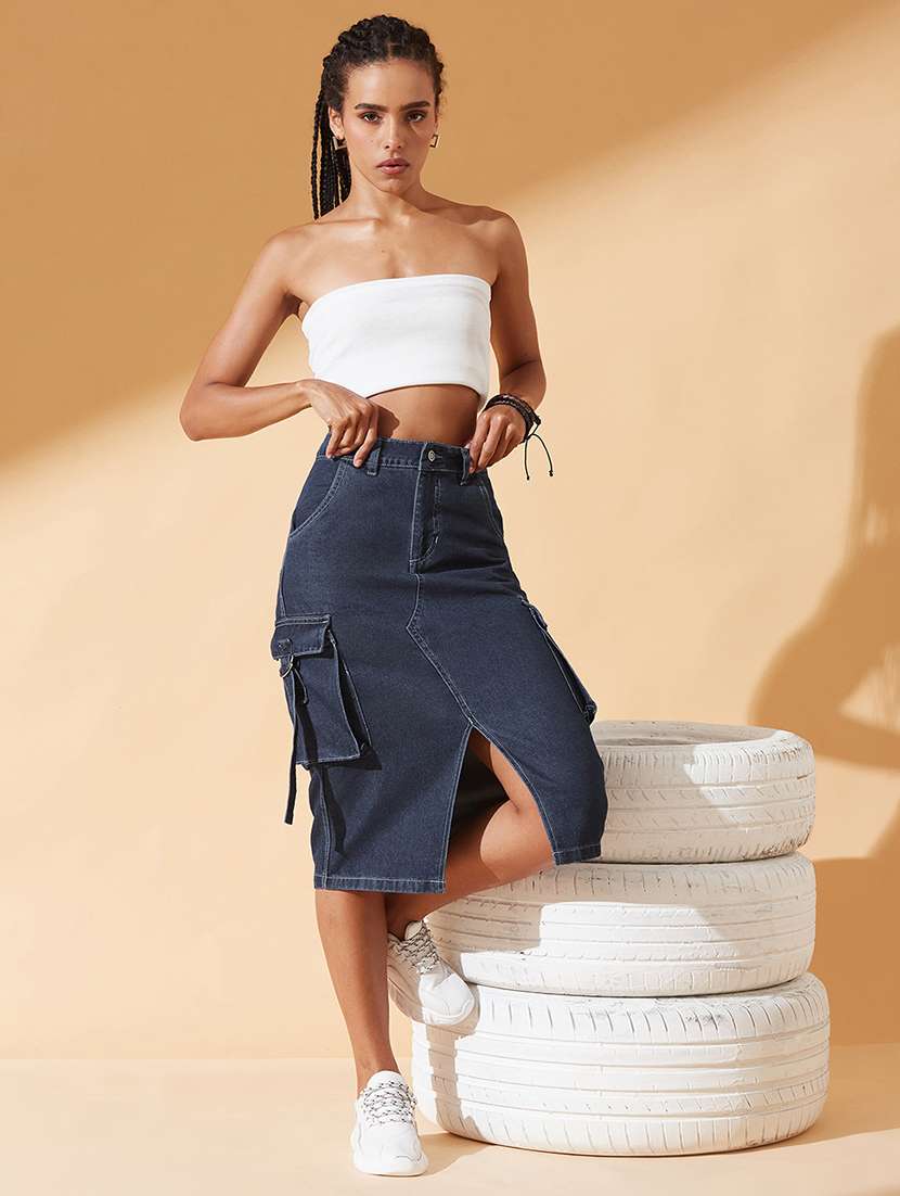 women solid high rise denim cargo skirt - 22385256 -  Standard Image - 4