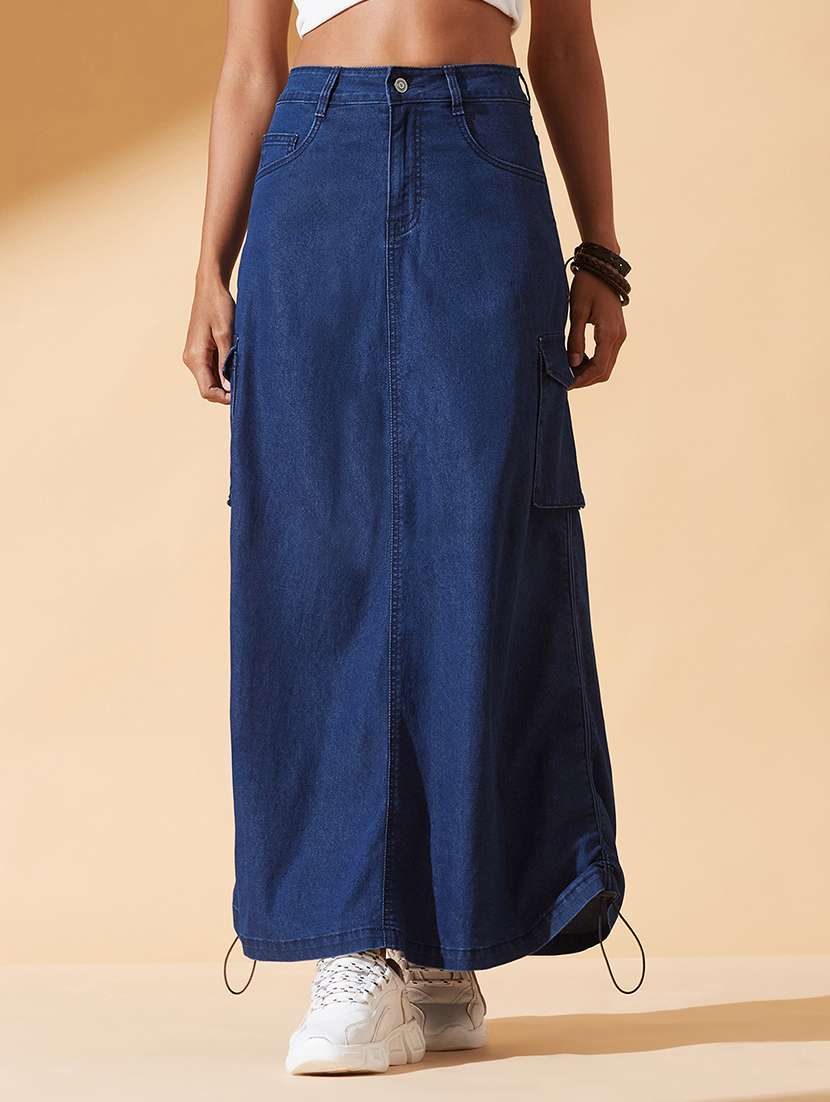 women solid high rise denim cargo skirt
