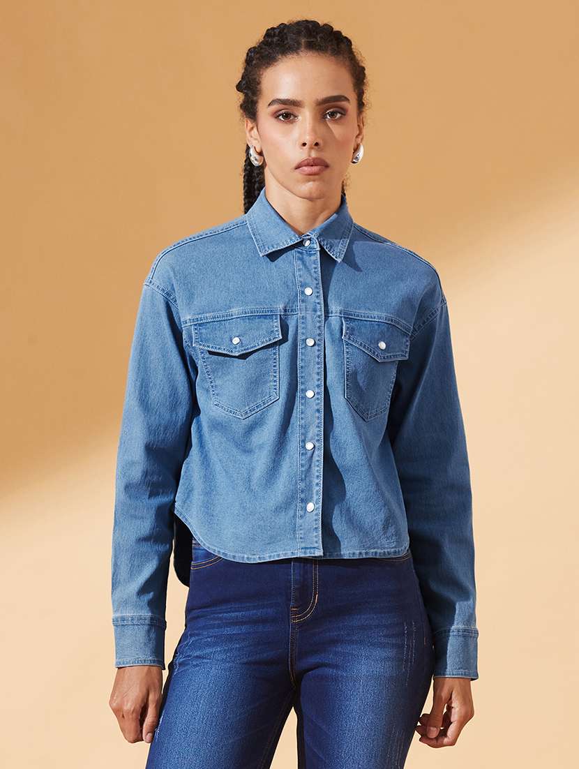 women solid collared long sleeve denim shirt - 22385272 -  Standard Image - 1