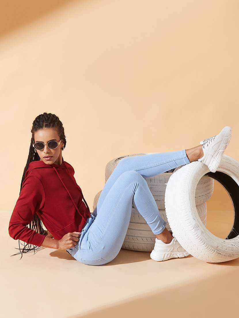 women solid long sleeve hooded crop sweatshirt - 22385273 -  Standard Image - 4