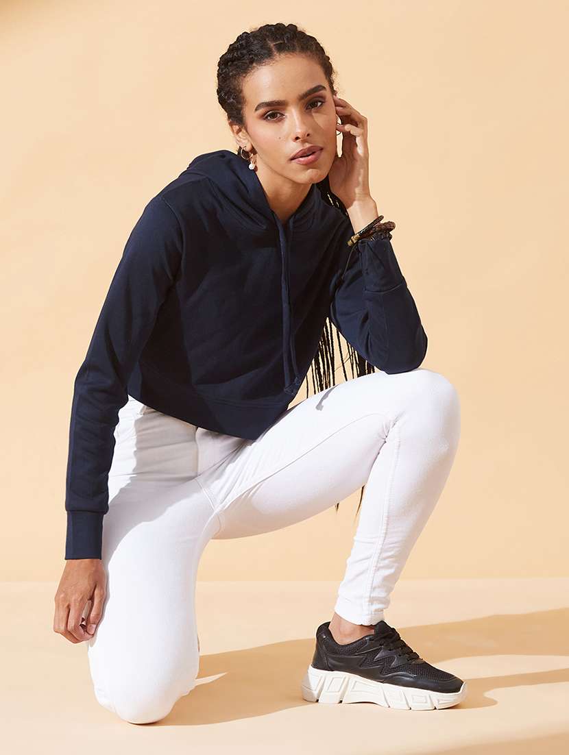 women solid long sleeve hooded crop sweatshirt - 22385274 -  Standard Image - 4