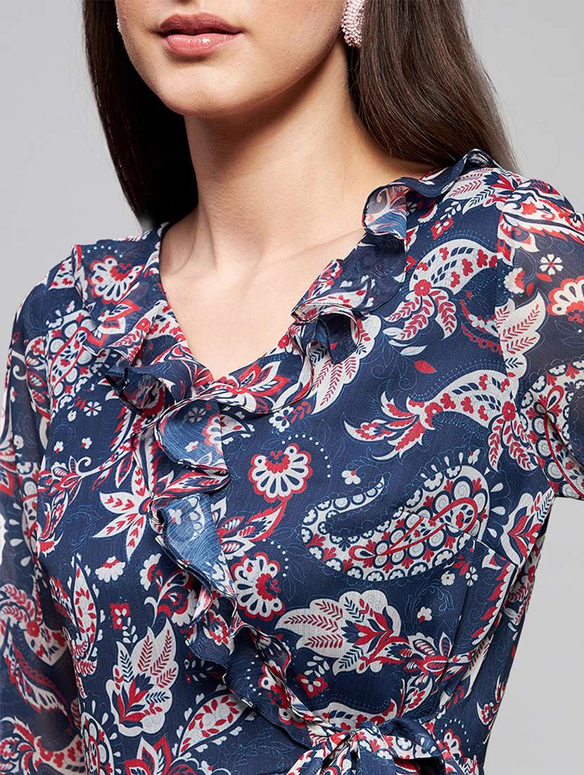 women printed long sleeve wrap dress - 22385282 -  Standard Image - 1