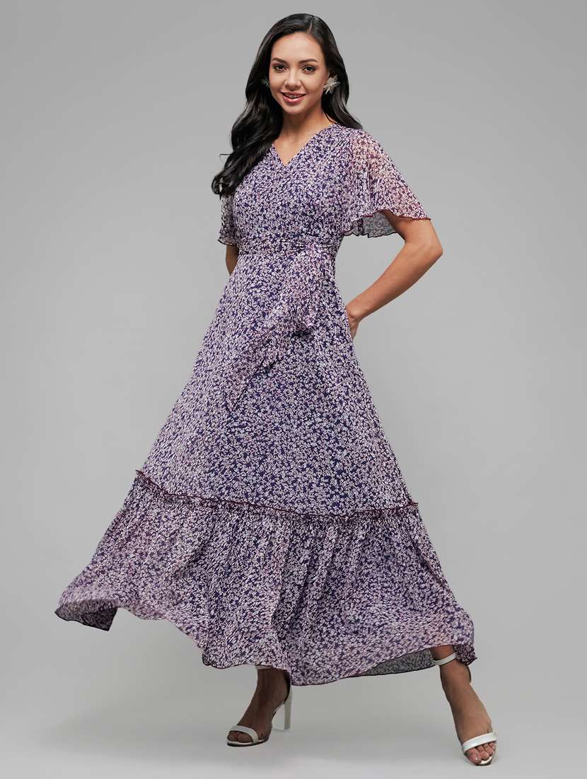 women floral print flared sleeve fit & flare dress